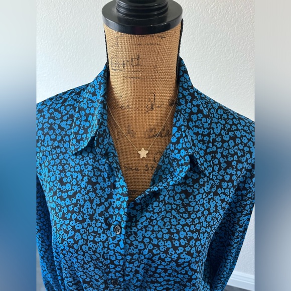 Who What Wear Blue Bishop Long Blouson Sleeve Floral Smock Top Size Large - Picture 9 of 10